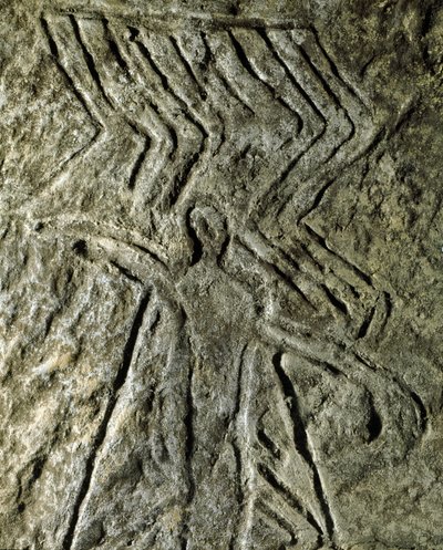 Préhistoire, art rupestre : pétroglyphe (graffiti sur pierre) représentant une figure humaine. Néolithique, Âge de pierre. (Azerbaïdjan) Âge du bronze. Bakou, Musée national d