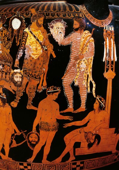 Vase de Pronomos, cratère à figures rouges. Détail représentant Hercule, les préparatifs d
