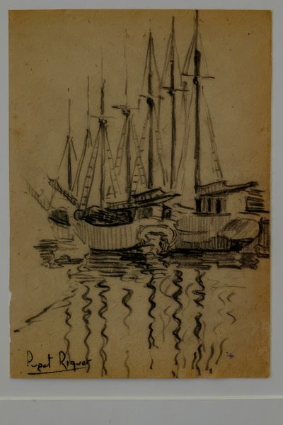 Voiliers, Narcís Puget Riquer, dessin au fusain, musée Puget, maison noble de Can LLaudis, Dalt Vila, Ibiza, îles Baléares, Espagne - Puget Riquer