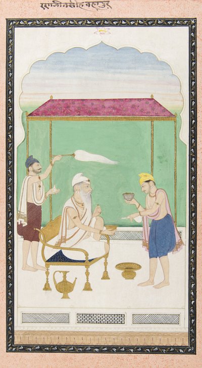 Ranjit Singh assis sur une chaise en or, assisté par un porteur de morchal - Punjabi School