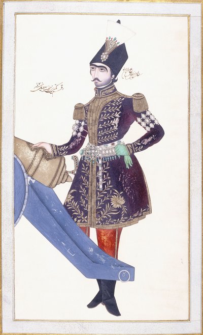 Portrait de Nasir al-Din Shah, main reposant sur un canon, c. 1853-4 - Qajar School