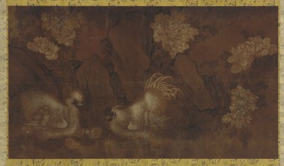 Coq, poule et poussins près de buissons de pivoines - Qing Dynasty Chinese School