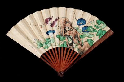 Éventail décoré de petits oiseaux et de gloires du matin - Qing Dynasty Chinese School