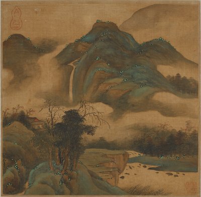 Regardant une cascade depuis une cabane de montagne - Qing Dynasty Chinese School