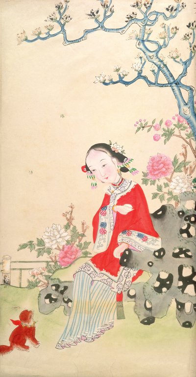 Fille assise sur une chaise rocheuse rustique - Qing Dynasty Chinese School