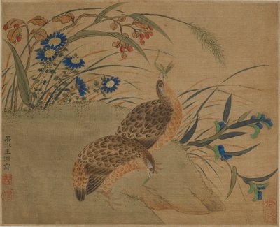 Deux cailles mangeant des sauterelles sous des fleurs - Qing Dynasty Chinese School