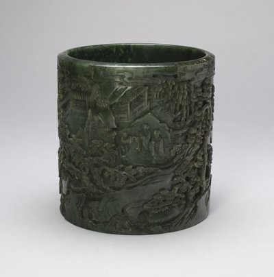 Pot à pinceaux avec érudits et assistants dans un paysage montagneux - Qing Dynasty Chinese School