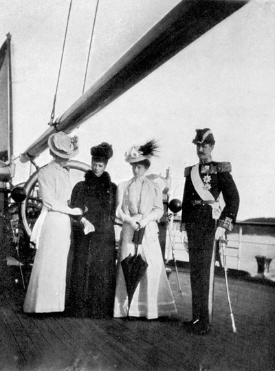 Impératrice Maria Feodorovna, Princesse Victoria, Reine Maud et Roi Haakon VII de Norvège, 1908 - Queen Alexandra