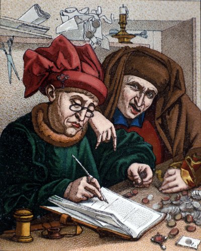 Prêteurs sur gages. Cette activité a conduit à la création des banques. Illustration inspirée de la peinture de Metsys. 19e siècle - Quentin (after) Massys or Metsys