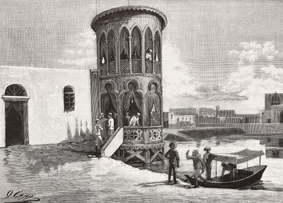Une petite tour mauresque accueillant le club des officiers italiens, Massawa, Érythrée, gravure d