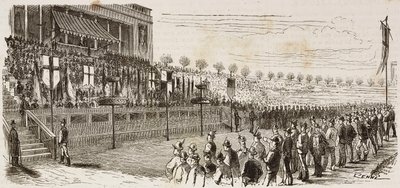 Remise des prix aux gagnants du concours national de tir à Milan, Italie, gravure de Quinto Cenni de L
