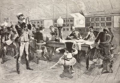 Officiers italiens dans la cabine du navire Gottardo, expédition italienne en mer Rouge (gravure) - Quinto Cenni