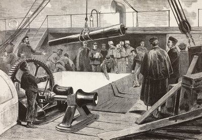 Marins et officiers italiens mettant en place le navire Gottardo, expédition italienne en mer Rouge, Palerme, Italie, gravure d