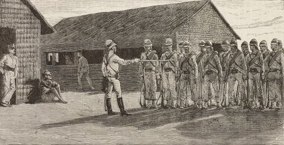 Soldats italiens en formation, Massawa, Érythrée (gravure) - Quinto Cenni