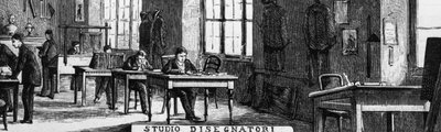 Bureaux des frères Treves, département des designers, Milan, Italie, illustration de Quinto Cenni (1845-1917) de L