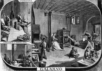 Bureaux des frères Treves, département de fonte de caractères et de stéréotypie, Milan, Italie, illustration de Quinto Cenni - Quinto Cenni