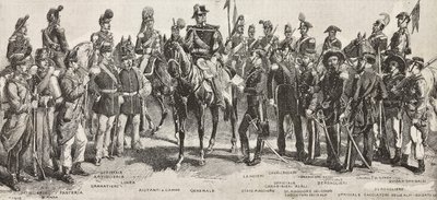 Armée piémontaise en 1859 : fantassins, artilleurs, ingénieurs, grenadiers, officiers, généraux, lanciers, cavaliers, tireur, gravure d