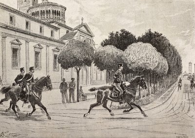 Soldats à cheval passant devant le sanctuaire de la Beata Vergine dei Miracoli, Saronno, Italie, gravure d