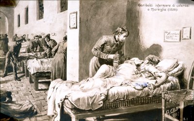 Le patriote italien Giuseppe Garibaldi (1807-1882) infirmier, sous le nom de Pan-Borel (Pane Borel), auprès des malades du choléra à Marseille en 1836. Carte postale du XIXe siècle - Quinto Cenni