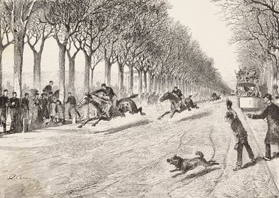 Trois officiers de la résistance participant à une course de chevaux, troisième régiment de Savoie, entre Milan et Monza, Italie, gravure d