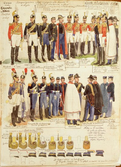 Uniformes des Gardes Nobles Papales, planche en couleur par Quinto Cenni - Quinto Cenni