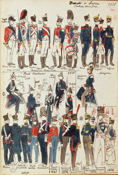 Divers uniformes du Duché de Lucques par Quinto Cenni, planche en couleur - Quinto Cenni