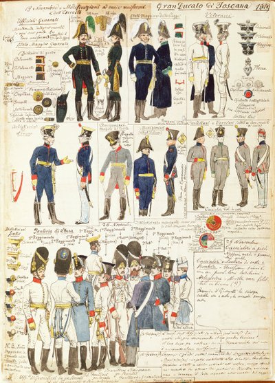 Divers uniformes du Grand-Duché de Toscane par Quinto Cenni, planche en couleur - Quinto Cenni