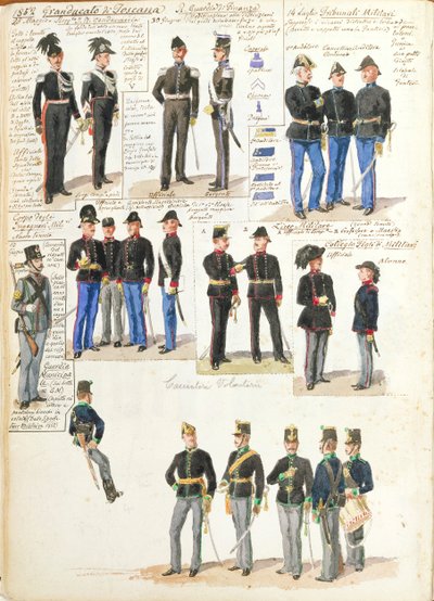 Divers uniformes du Grand-Duché de Toscane par Quinto Cenni, planche en couleur - Quinto Cenni