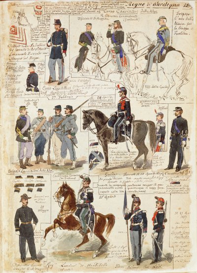 Divers uniformes du Royaume de Sardaigne par Quinto Cenni, planche en couleur - Quinto Cenni