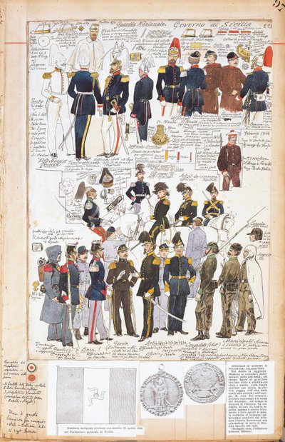 Divers uniformes du Gouvernement provisoire de Sicile par Quinto Cenni, planche en couleur - Quinto Cenni