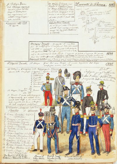 Divers uniformes du Duché de Parme de 1845 - Quinto Cenni