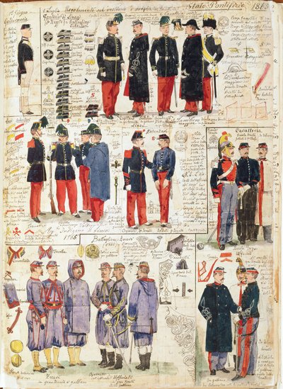 Divers uniformes des États pontificaux de 1865. Planche en couleur par Cenni Quinto - Quinto Cenni