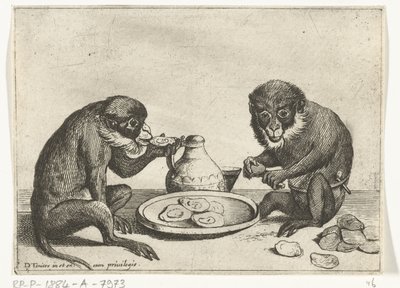 Deux singes mangeant des huîtres - Quirin Boel