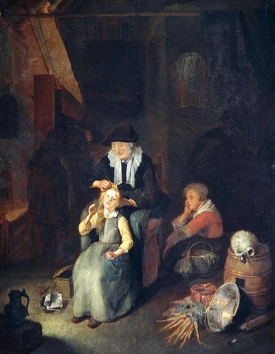 Intérieur de cottage avec une femme peignant les cheveux d