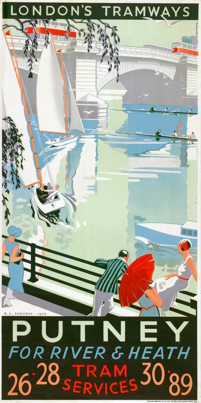 Putney, pour la rivière et la lande, affiche des tramways du London County Council LCC, 1932 - RF Fordred