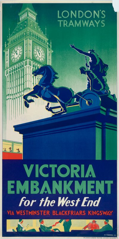 Victoria Embankment, affiche des tramways du London County Council LCC, 1932 - RF Fordred