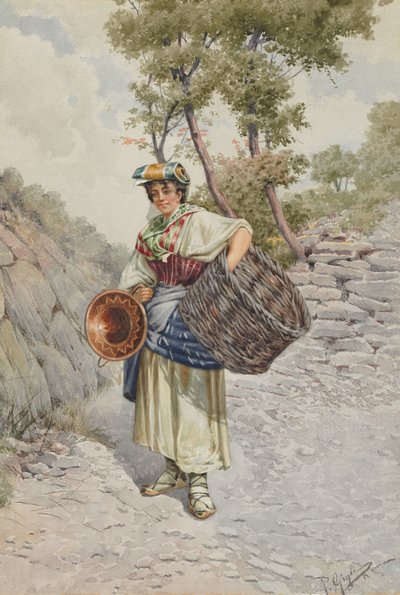 Jeune Paysanne sur un Chemin Pierreux, 1800s - R. Gigli