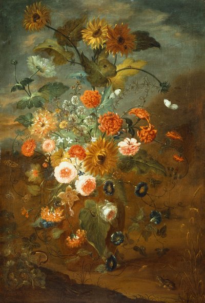 Roses, œillets, tournesols dans un vase avec des papillons, grenouilles, insectes - Rachel Ruysch