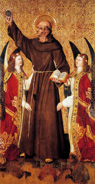 Saint Bernard et anges, panneau central du retable de Saint Bernard par Rafael Tomas (actif 1455-1479), prédelle par Joan Figuera (actif de 1454 à 1477 ou 1479), tempera sur panneau, 398,9x253 cm - Rafael & Figuera Joan (active c.1454 1477) Tomas
