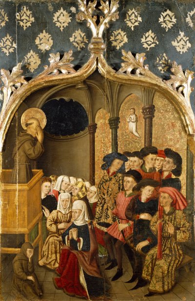 Vision pendant le sermon, détail du panneau gauche du retable de Saint Bernand par Rafael Tomas, prédelle par Joan Figuera - Rafael & Figuera Joan (active c.1454 1477) Tomas
