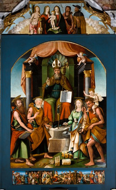 Saint Blaise intronisé entre les saints Pierre, Paul, Catherine d