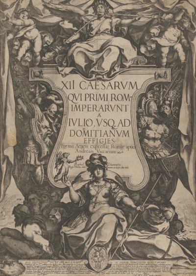 Frontispice avec un trompettiste sonnant des trompettes assis sur un cartouche flanqué de tr..., 1606 - Raffaello Schiaminossi