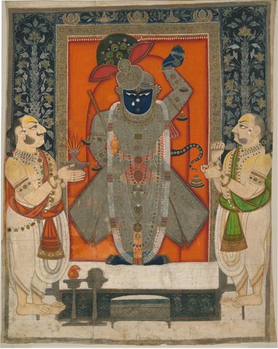 Prêtres adorant Krishna en tant que Shrinathji pour le festival de la Montagne de Nourriture [Annakuta utsava]; tenture de sanctuaire [pichhavai] - Rajasthan Kota school