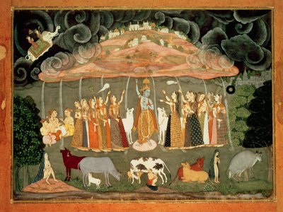 Krishna soutenant le mont Govardhana par Ustad Sahibdin, Bikaner - Rajput School