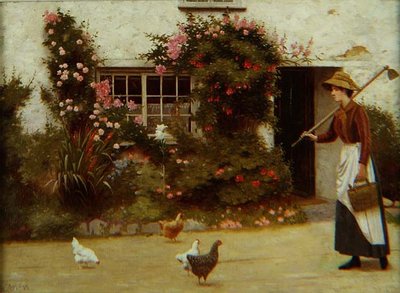 Jeune fille avec une houe devant un cottage - Ralph Todd