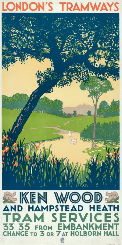 Kenwood et Hampstead Heath, affiche des tramways du London County Council, 1928 - Ralph and Brown Studios
