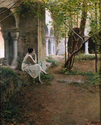 Jeune femme méditant dans un cloître - Ramon Casas i Carbo