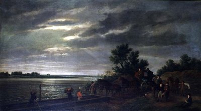 Une calèche et des chevaux entrant dans un bac sur la rivière Leck en Hollande la nuit - Ramsay Richard Reinagle