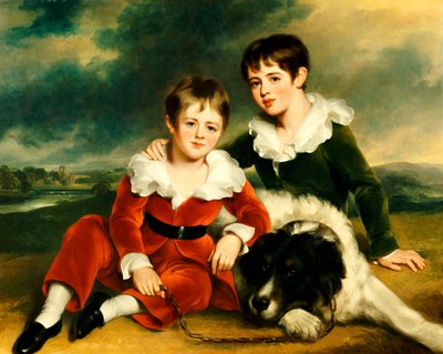 Portrait de deux garçons avec leur chien Terre-Neuve - Ramsay Richard Reinagle