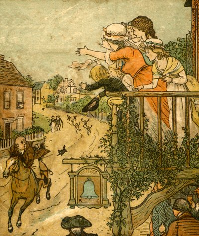 John Gilpin passe au galop devant le Bell Inn alors que sa femme et ses enfants saluent depuis le balcon, 1878 - Randolph Caldecott